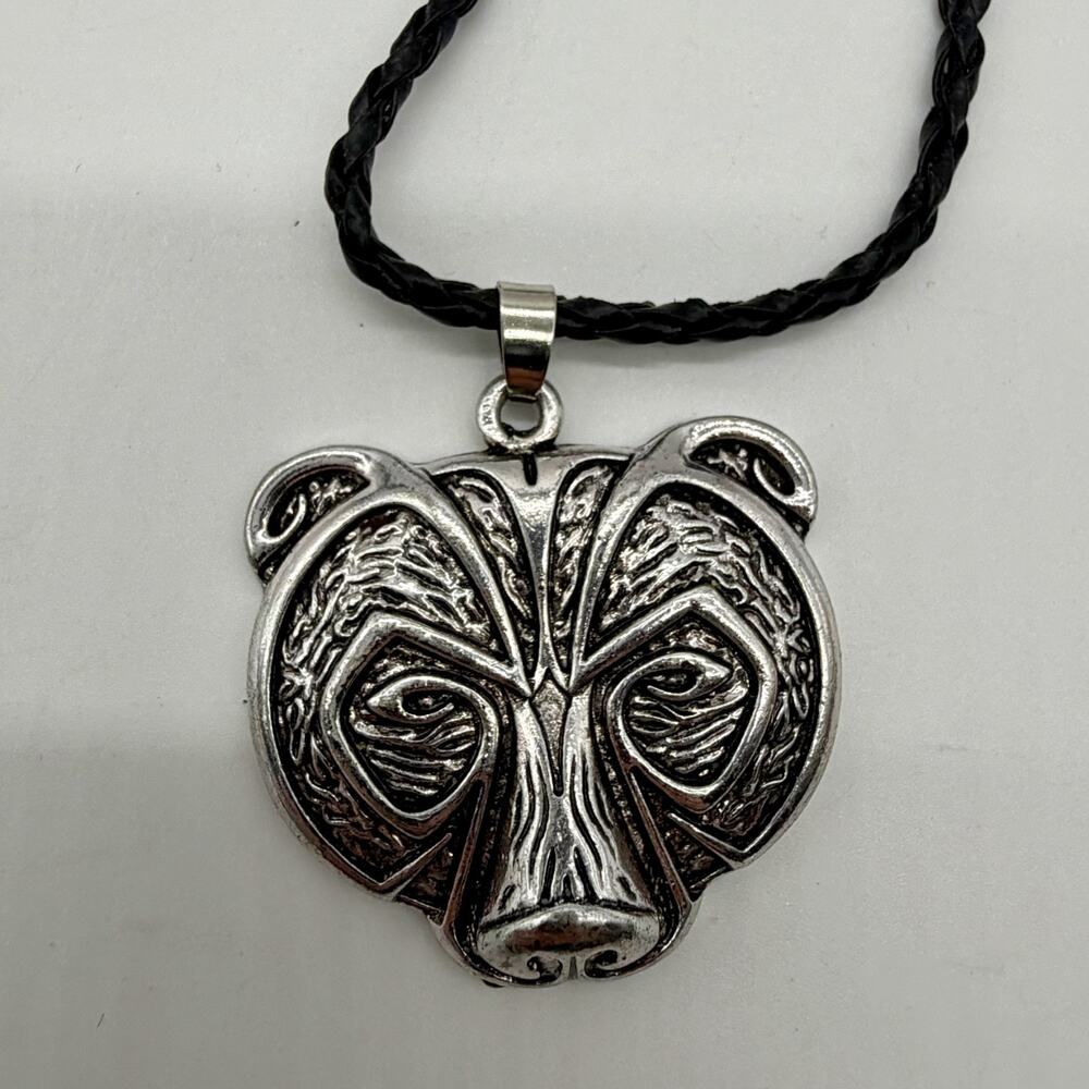 Tribal Bear Pendant Necklace Braided Leather Cord Silver Tone Animal Totem Boho